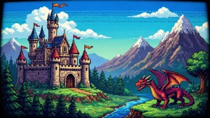 'n Retro pixel-kuns landskap met 'n kasteel en draak. — Speletjie GIF Muurpapier