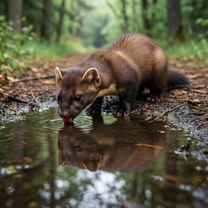 'n Marter drink uit 'n poel wat die bos weerspieël. — Pixel Watch Muurpapier