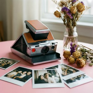 ’n Sagte pastel stillewe met ’n vintage Polaroid-kamera en foto’s — Retro estetika Muurpapier