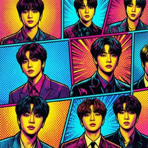 BTS in pop art-strookunsstyl, helder kleure. — Pixel Watch 3 Muurpapier
