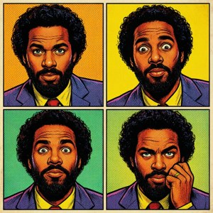 Meer Campbell in 'n popkuns-strokiesprentstyl met veelvuldige panele — Pixel Watch 4 Muurpapier