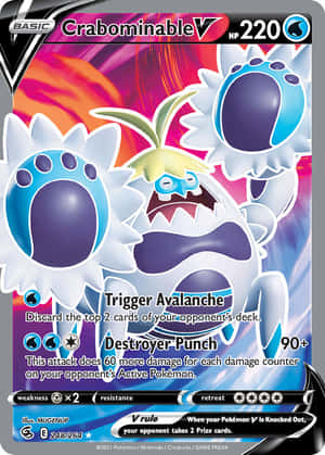 Pragtige Crabominable Pokémon-handelskaart teen 'n Rooi en Blou Agtergrond — Speletjie GIF Muurpapier