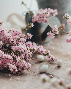 Wit Paasfees kwarteleiers met pienk blomblare, Paasfees agtergrond — 4:5 Muurpapier