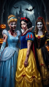 Disney-prinsesse herverbeeld as Halloween-monsters in 'n gotiese omgewing. — Disney Halloween Muurpapier