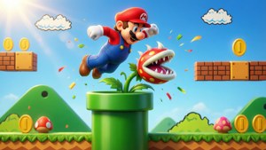 Mario spring oor 'n groen pyp met 'n Piranha-plant, klassieke Super Mario-toneel.