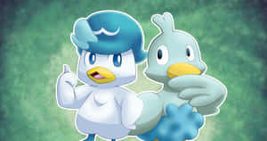 Quaxly en Ducklett op Groen Agtergrond — Anime lessenaar Muurpapier