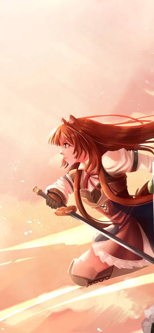 Raphtalia wat haar swaard vashou teen 'n pienk lugagtergrond muurpapier. — iPhone 14 Plus Muurpapier