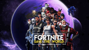 Fortnite-versameling van verskeie karakters uit die Save The World-modus met planeet-agtergrond.