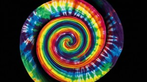 Hipnotiese reënboogspiraal in tie-dye styl.