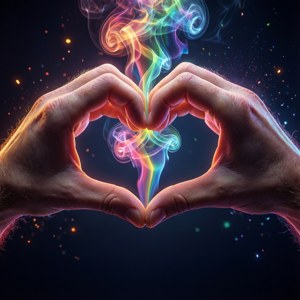 Hande wat 'n hart vorm met reënboogrook, simbolies van liefde en diversiteit. — Pixel Watch 3 Muurpapier