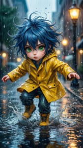 'n Blouharige anime-kind wat vrolik in 'n plas op 'n reënerige stadstraat spat. — Anime kinders Muurpapier