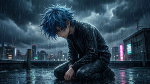 ’n Hartseer anime-seun kniel op ’n dak in die reën, met geboë hoof, te midde van ’n stormagtige stadsbeeld. — Hartseer anime GIF Muurpapier