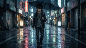 A sad anime boy walks alone on a rainy city street at night, getting soaked.