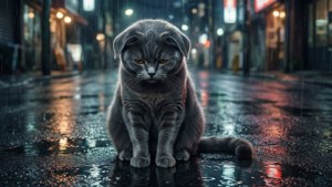 'n Eensame grys kat in die reën — Anime kat Muurpapier