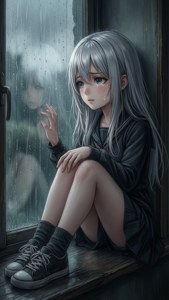 'n Hartseer anime-meisie sit op 'n vensterbank, kyk uit na die reën, met haar hand wat die glas aanraak. — iPhone 8 Muurpapier