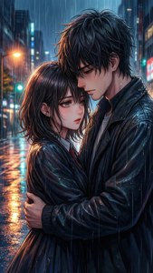 Anime-egpaar wat mekaar in die reën omhels — Anime paartjie GIF Muurpapier