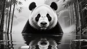 Dubbele blootstelling panda met bosrefleksie, surrealistiese swart en wit muurpapier. — Panda Muurpapier