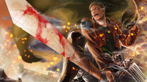 Reiner Braun in 'n Verkenningseenheid-uniform wat 'n bloedige swaard vashou in Attack on Titan-kunsagtergrond.