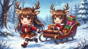 Chibi anime meisies as rendiere wat 'n slee met geskenke trek — Anime kersfees Muurpapier