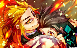 Demonslagter-agtergrond van vuurhashira Rengoku Kyoujiro wat Kamado Tanjiro omhels