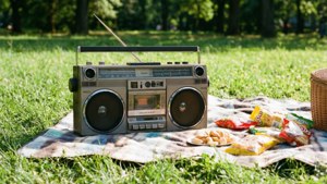 'n Retro boombox geniet 'n sonnige dag by 'n parkpiekniek. — Musiek estetika Muurpapier