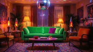 'n Snoesige 1970's sitkamer met neonmeubels en disco-bal