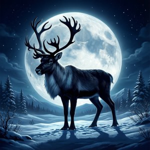 Silhoeët van 'n ribbok onder 'n volmaan in 'n sneeunag. — Estetiese Kersfees Muurpapier