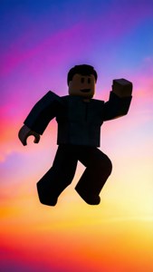 'n Minimalistiese silhoeet van 'n Roblox-avatar wat in 'n kleurvolle lug spring. — iPhone 7 Muurpapier