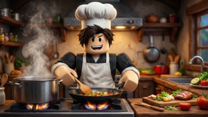 Kook soos 'n storm met 'n Roblox-avatar-sjef in 'n bedrywige kombuis.