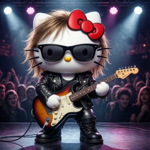 Hallo Kitty rock op die verhoog met haar kitaar.