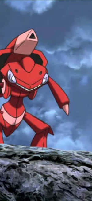 Rooi Genesect Pokémon wat op Rots Staan — Xiaomi 18 Pro Max Muurpapier