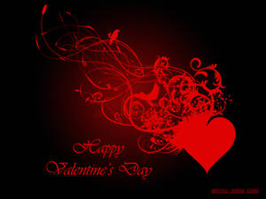 Helderrooi hart met 'n stam- en voëlontwerp op sy helfte met teks wat "Happy Valentine's Day" in rooi aan die onderkant sê. — Egswart Muurpapier
