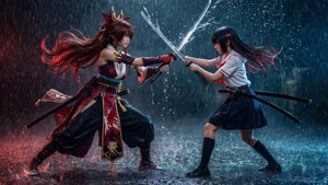 Aksie-agtergrond van Ryuuko en Satsuki van Kill la Kill — Anime paartjie GIF Muurpapier