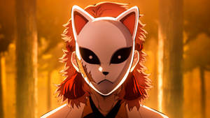 Demon Slayer-agtergrond van Sabito wat 'n wit, littekenbedekte Kitsune-masker dra.