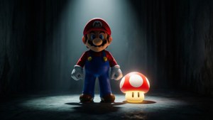 Mario verlig deur 'n gloeiende Super Sampioen in 'n donker, geheimsinnige kamer, hoë kontras.