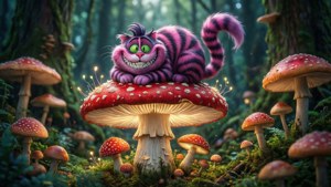 Cheshire-kat op 'n reuse-sampioen in 'n betowerde bos. — Cheshire Cat Muurpapier