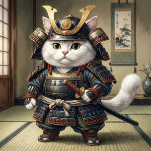 'n Oulike samurai-kat in 'n tradisionele Japannese omgewing — Anime kat Muurpapier