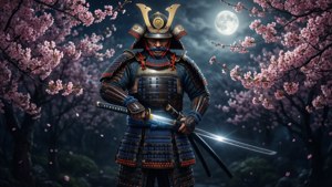 Samurai onder kersiebloeisels met gloeiende swaard op swart.