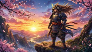 'n Epiese fantasie-manga-toneel van 'n samurai teen sononder. — Manga GIF Muurpapier