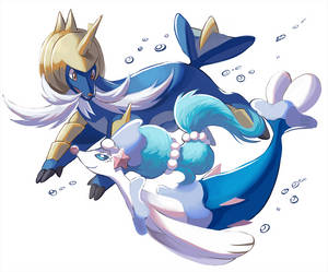 Samurott en Primarina — Wit estetiese Muurpapier