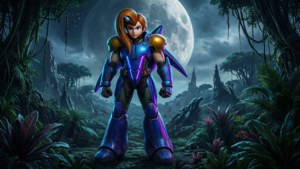Wetenskapfiksie-toneel van Samus Aran op 'n vreemde planeet met 'n reuse maan. — Nintendo Muurpapier