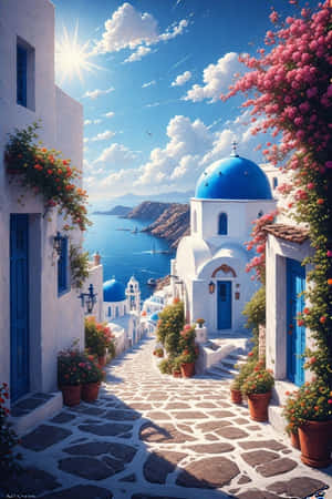 Griekeland,Santorini,blou koepels,wit huise,Egeïese See,eiland,Middellandse See,sonskyn,blomme,reis,somer,4K — 4K Muurpapier
