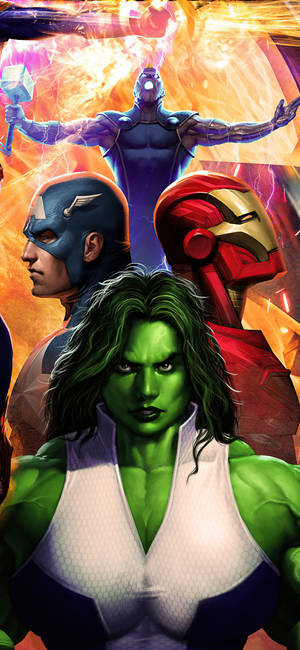 She Hulk met Marvel helde muurpapier — iPhone 14 Plus Muurpapier