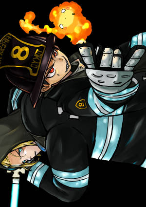 Fire Force Shinra en Arthur met vuurbal agtergrond — Oppo Pad 5 Muurpapier
