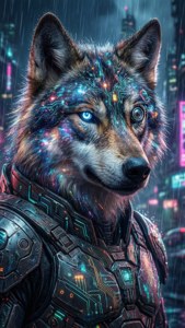 'n Sibernetiese galaksiwolf met gloeiende stroombane wat in 'n neon-cyberpunkstad rondsluip. — iPhone Se Muurpapier