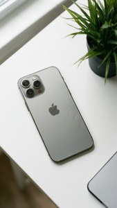 Plat lê van iPhone 12 Pro Max Silwer met 'n plant.