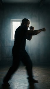 Travis Fulton wat skaduboks as 'n silhoeët in dowwe lig.