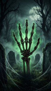 Skelet hand wat uit mistige graf kom met groen gloed — Halloween estetiek Muurpapier