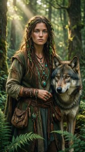 Skye met haar wolf in 'n sonverligte bos — Valorant Muurpapier