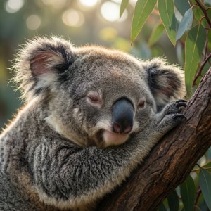 'n Oulike nabyfoto van 'n slapende koala by Taronga Zoo Sydney in sagte oggendlig. — Pixel Watch 3 Muurpapier